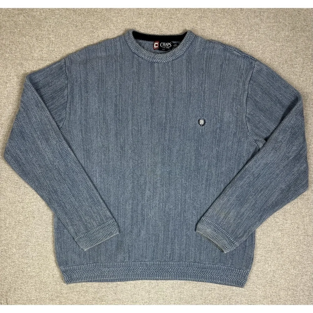 Chaps Sweater Mens XL Blue Herringbone Knit Crewneck Crest Logo Pullover Classic